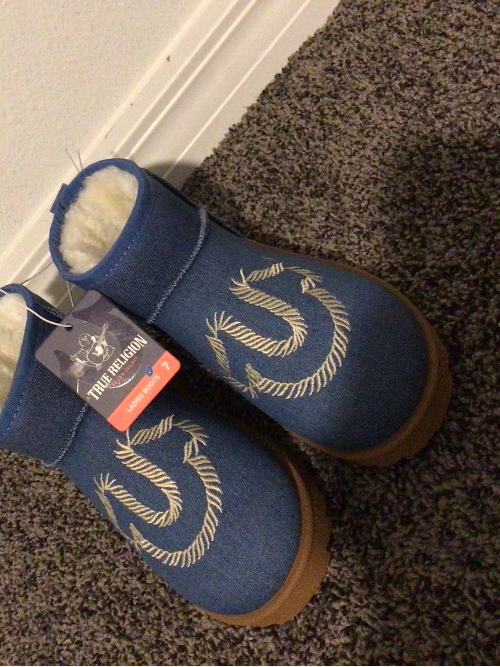 True Religion Kids Denim Blue Sherpa Boot with Rope Logo